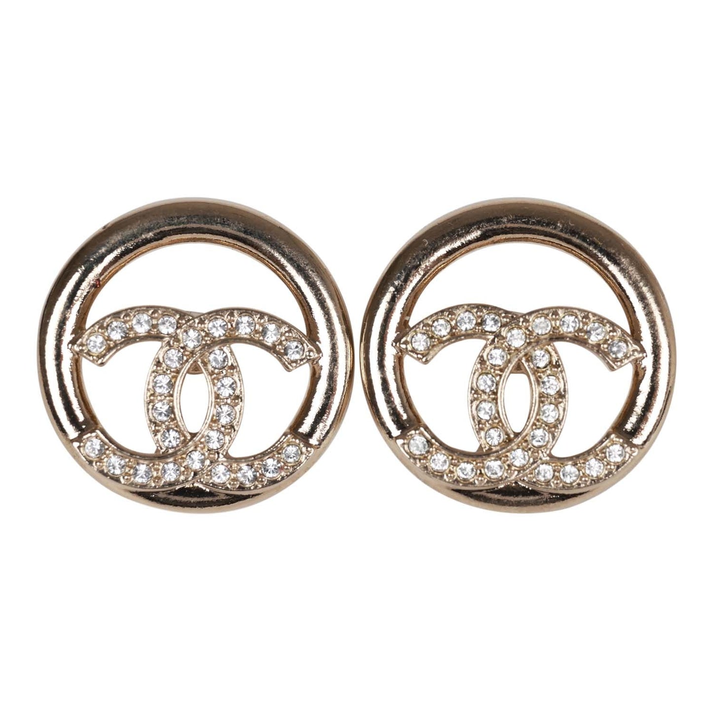 Chanel Gold Circle CC Logo Faux Crystal Stud Earrings