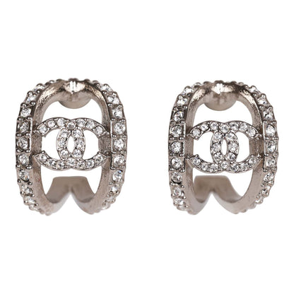 Chanel CC Huggie Silver and Crystal C Hoop Earrings