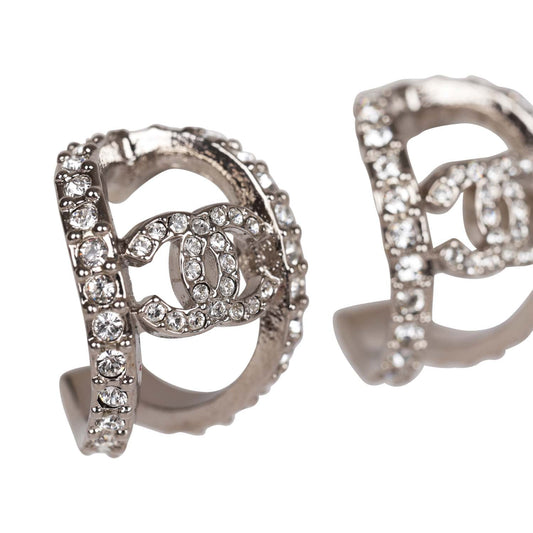 Chanel CC Huggie Silver and Crystal C Hoop Earrings