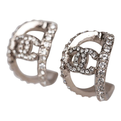 Chanel CC Huggie Silver and Crystal C Hoop Earrings