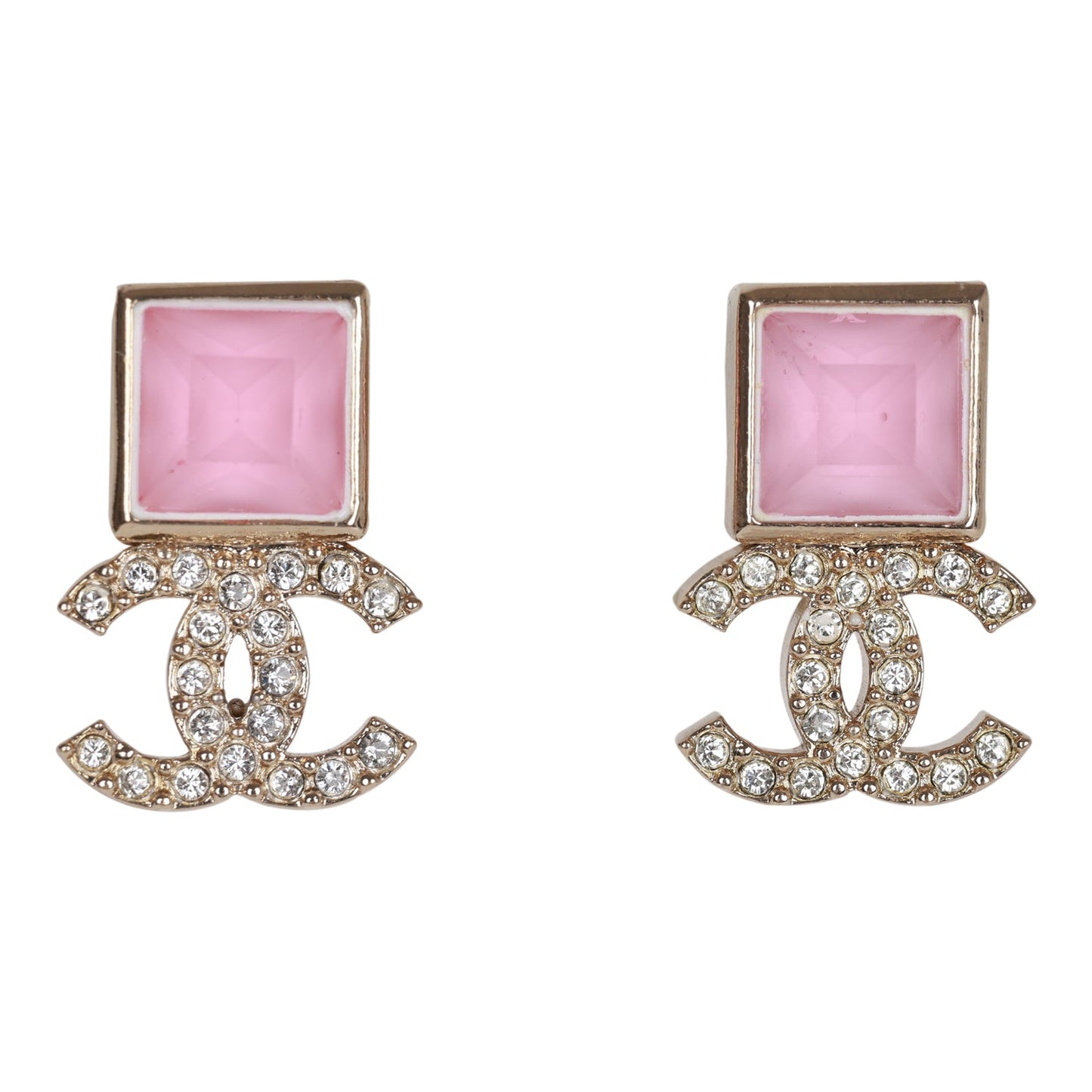 Chanel CC Pink Square Crystal Stud Earrings