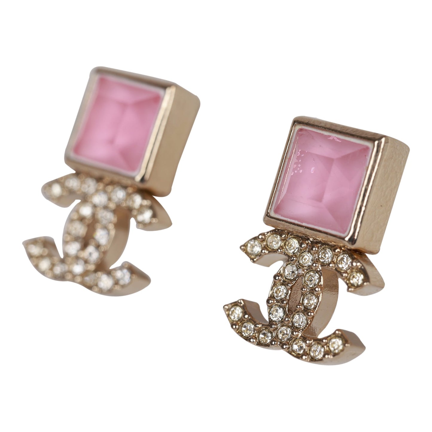 Chanel CC Pink Square Crystal Stud Earrings