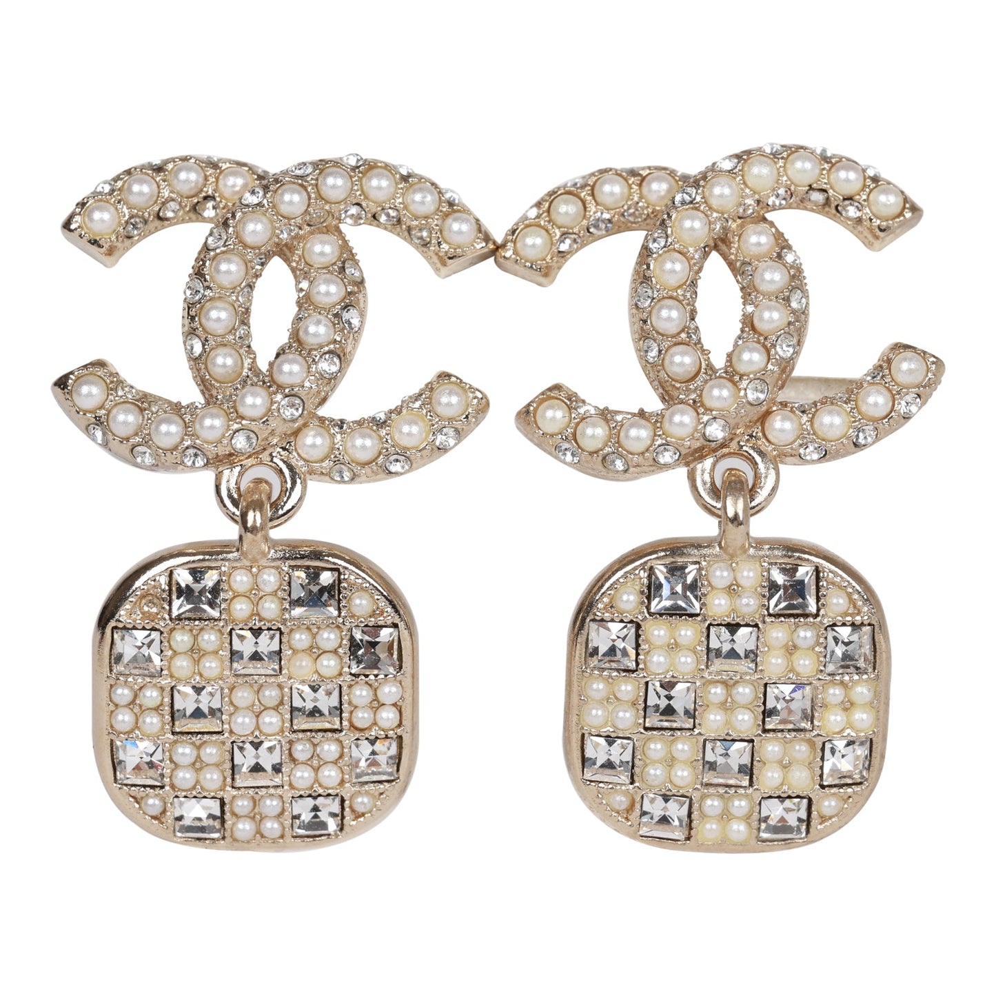 Chanel CC Faux Pearl Crystal Square Drop Earrings