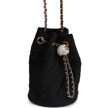 Chanel Crystal Pearl Crush Drawstring Bag Black Velvet Light Gold Hardware