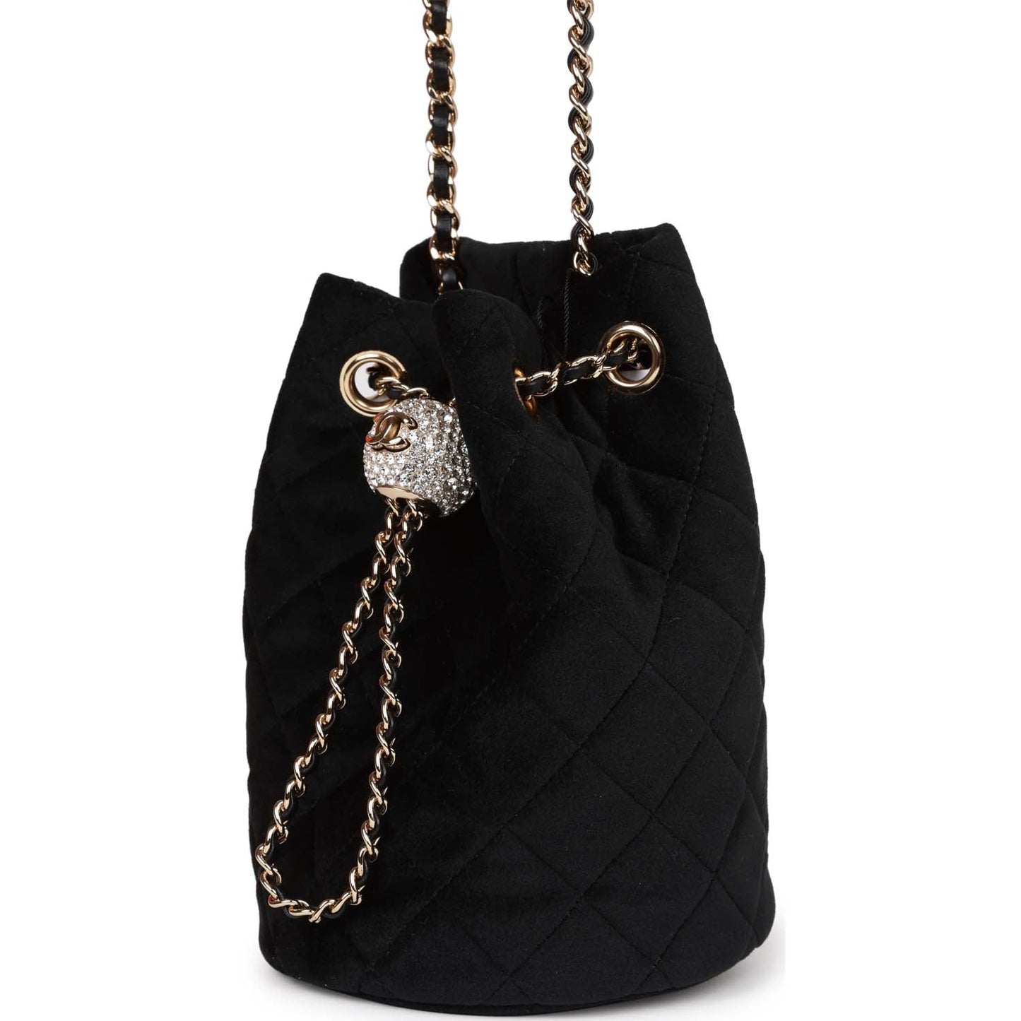 Chanel Crystal Pearl Crush Drawstring Bag Black Velvet Light Gold Hardware