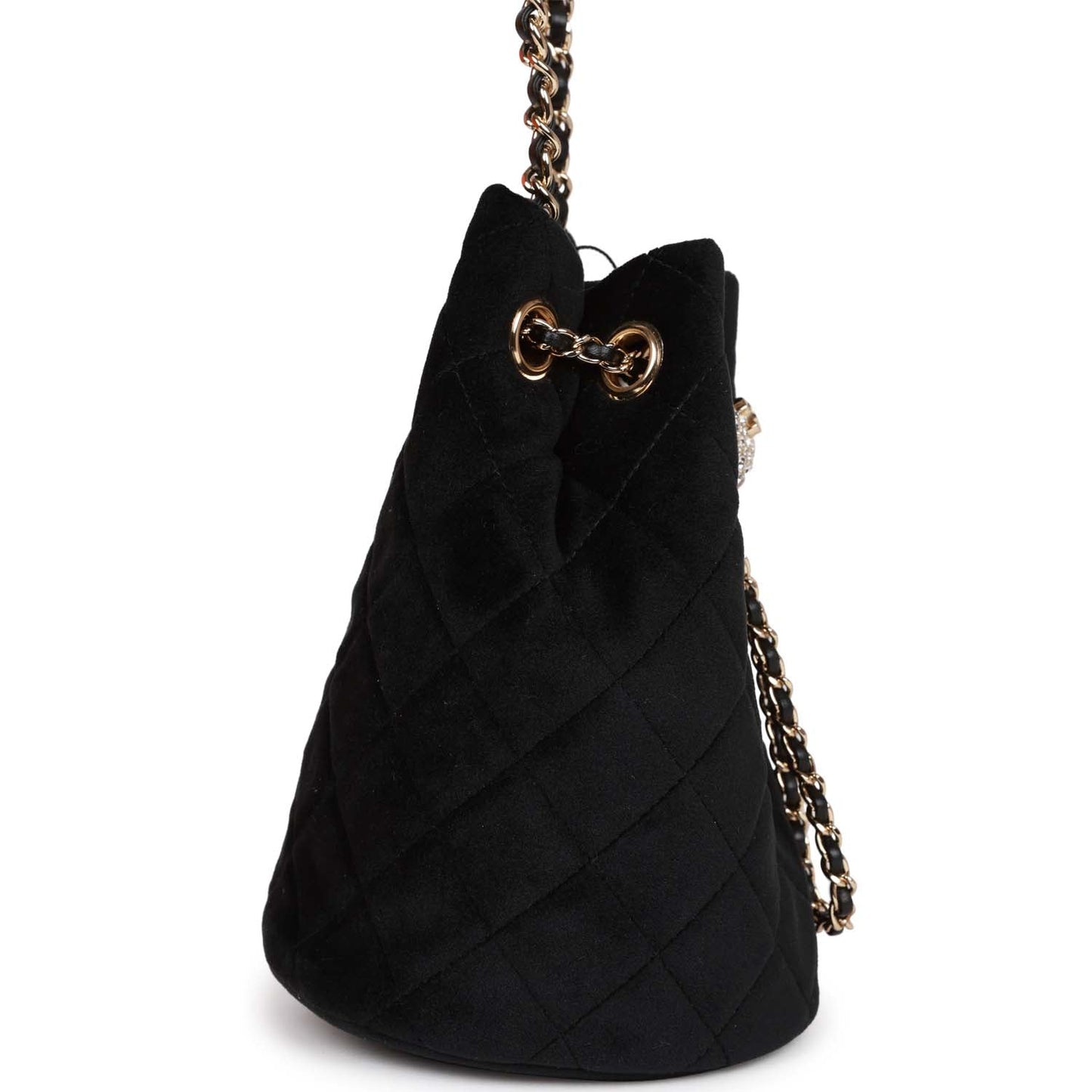 Chanel Crystal Pearl Crush Drawstring Bag Black Velvet Light Gold Hardware