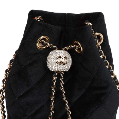 Chanel Crystal Pearl Crush Drawstring Bag Black Velvet Light Gold Hardware