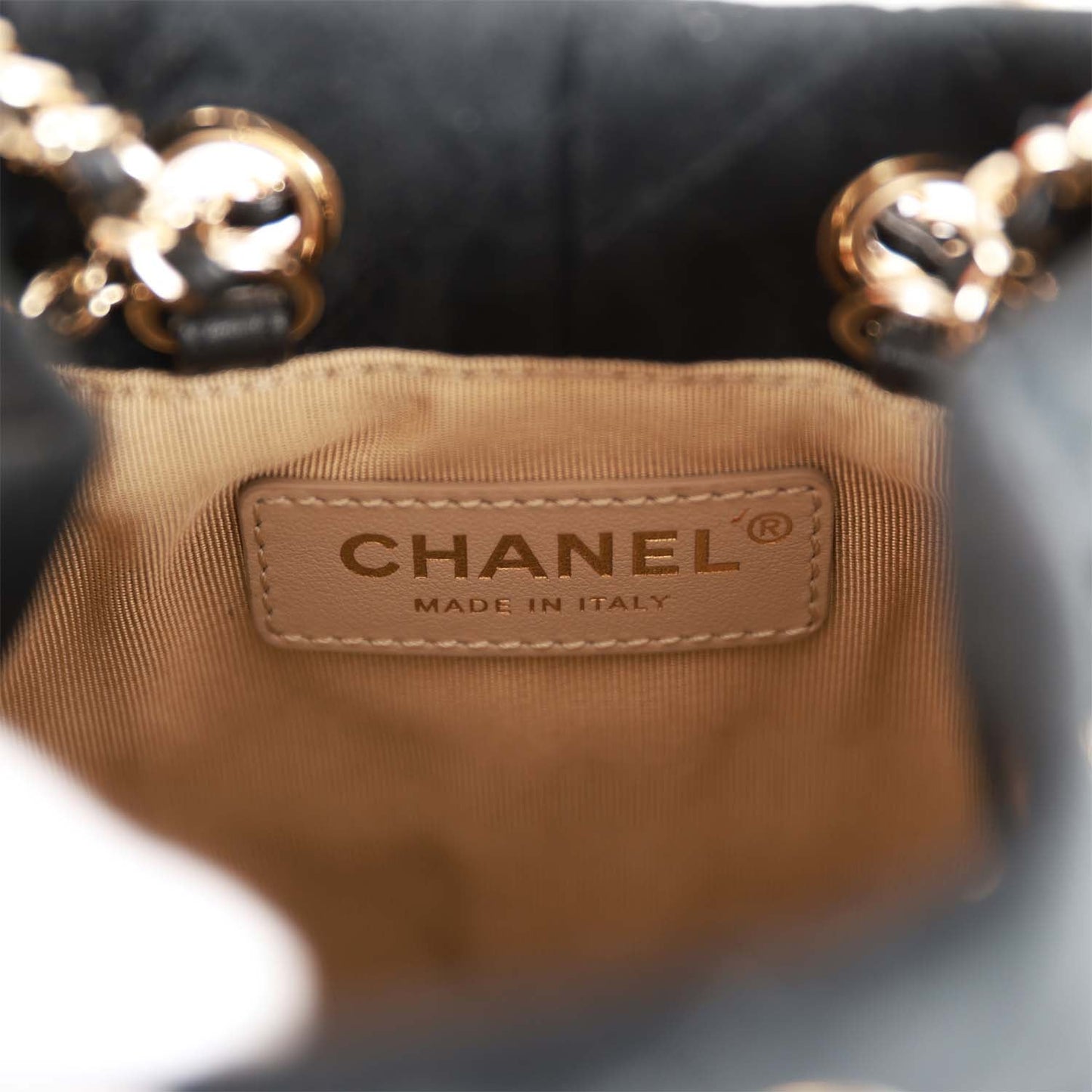 Chanel Crystal Pearl Crush Drawstring Bag Black Velvet Light Gold Hardware