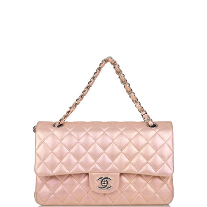 Chanel  Medium Classic Double Flap Bag Pink Iridescent Lambskin Silver Hardware