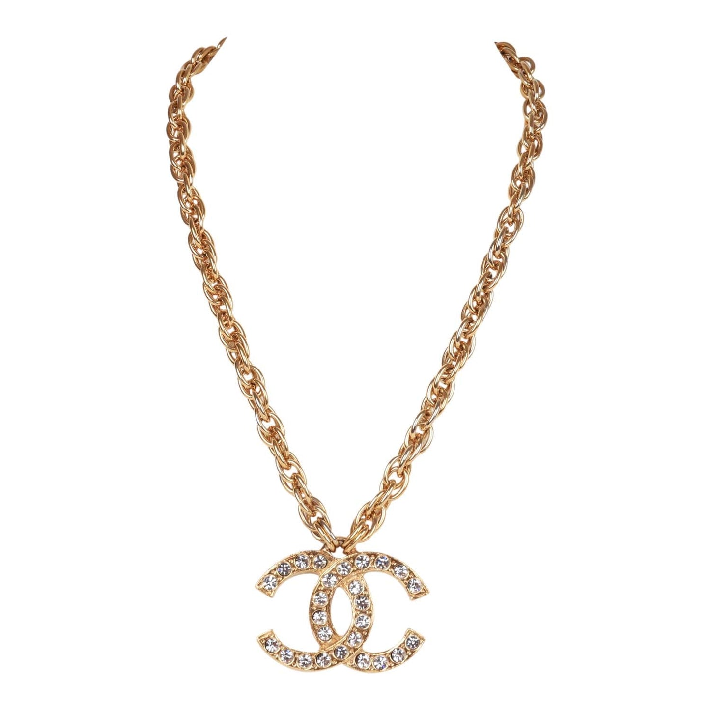 Chanel Vintage Gold CC Faux Crystal Pendant Necklace