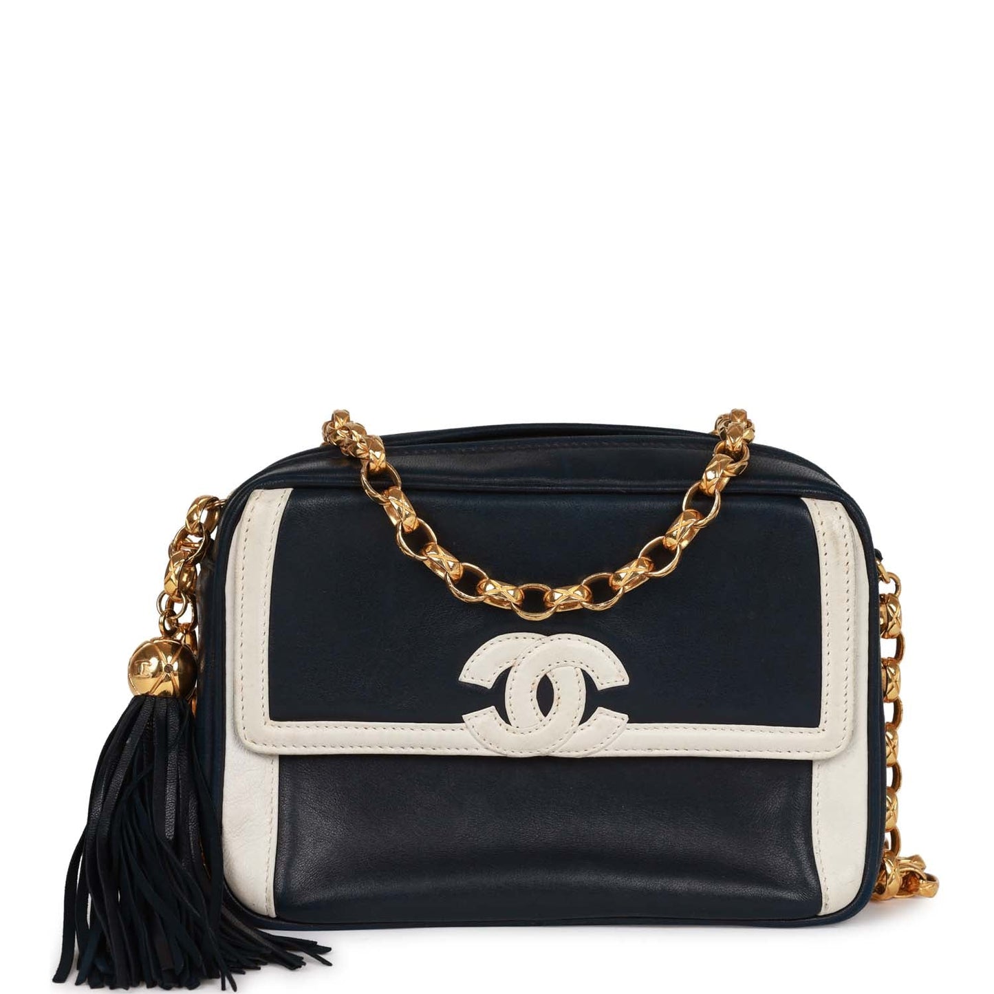 Chanel Vintage Fringe Chain Camera Bag Navy and White Lambskin Gold Hardware