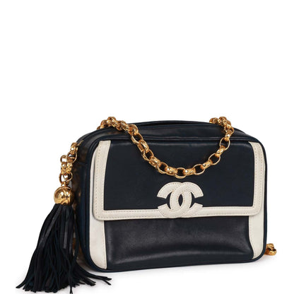 Chanel Vintage Fringe Chain Camera Bag Navy and White Lambskin Gold Hardware