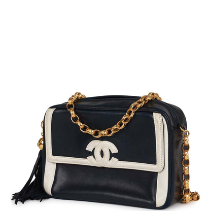 Chanel Vintage Fringe Chain Camera Bag Navy and White Lambskin Gold Hardware