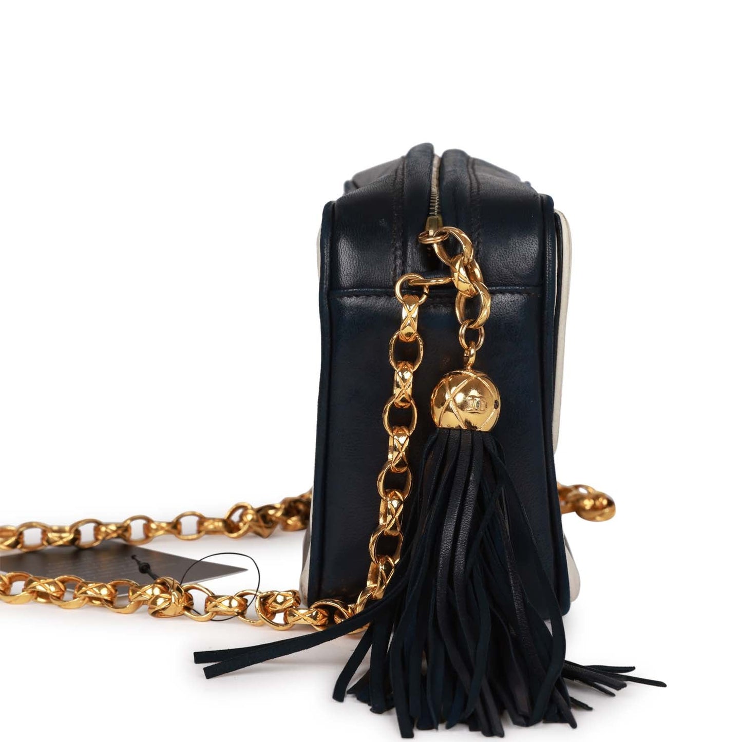 Chanel Vintage Fringe Chain Camera Bag Navy and White Lambskin Gold Hardware