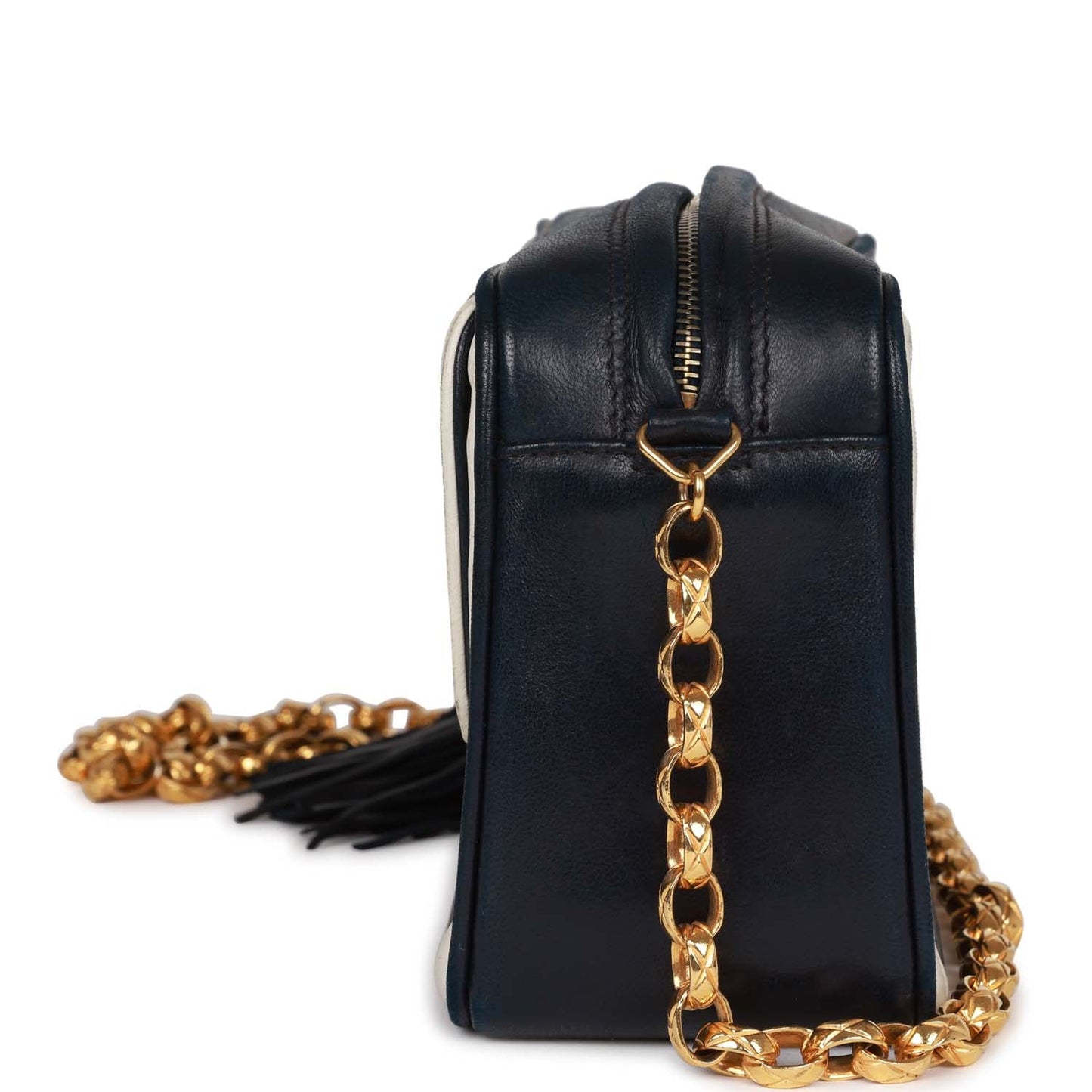 Chanel Vintage Fringe Chain Camera Bag Navy and White Lambskin Gold Hardware