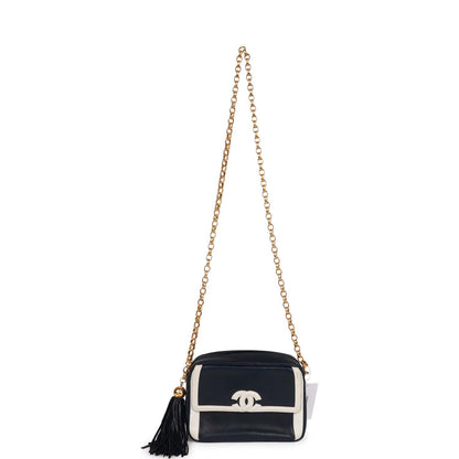 Chanel Vintage Fringe Chain Camera Bag Navy and White Lambskin Gold Hardware