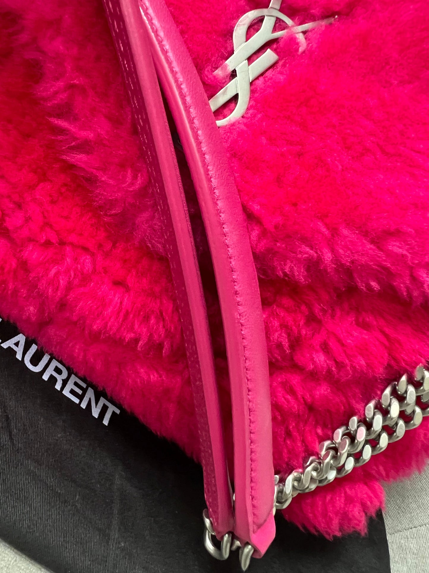 Yves Saint Laurent (YSL) Small Puffer in Pink Shearling with Silver Hardware