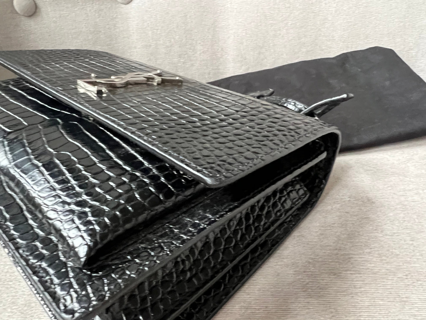 Yves Saint Laurent (YSL) Black Croc Medium Sunset with Silver Hardware