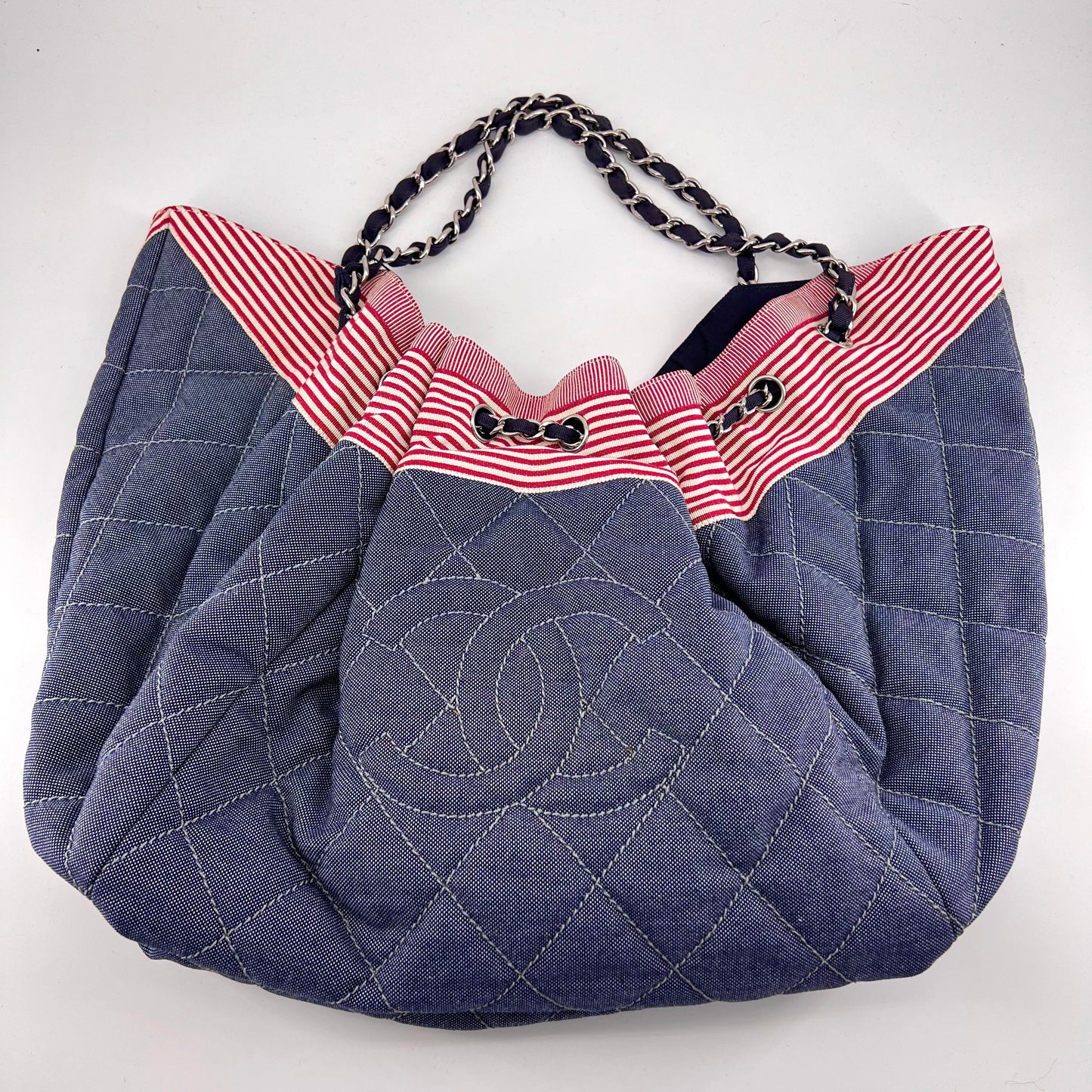 Chanel Vintage Denim Quilted Drawstring Hobo Shoulder Tote Bag