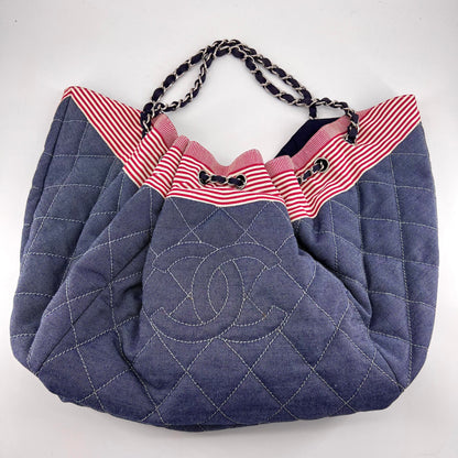 Chanel Vintage Denim Quilted Drawstring Hobo Shoulder Tote Bag