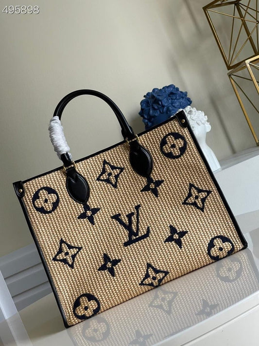 LV OnTheGo MM Tote Bag Monogram Raffia Navy Blue For Women,  Shoulder Bags 13.8in/35cm LV M57723