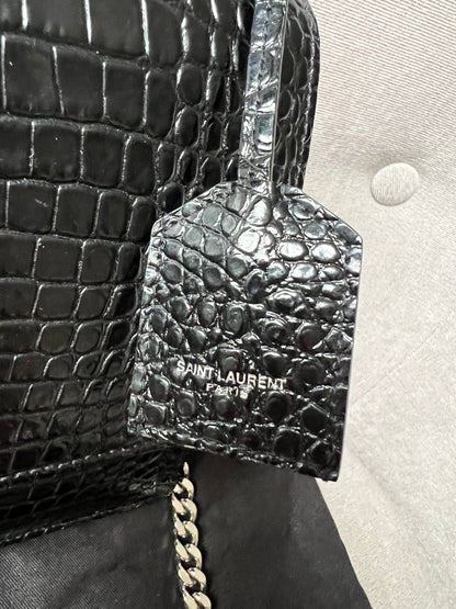 Yves Saint Laurent (YSL) Black Croc Medium Sunset with Silver Hardware