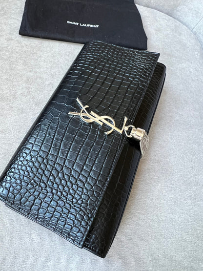 Yves Saint Laurent (YSL) Black Croc Print Kate Clutch