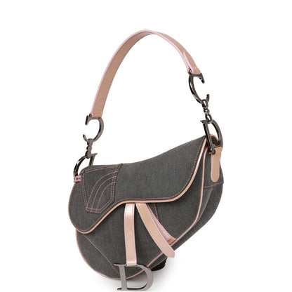 Vintage Christian Dior Saddle Bag Grey Denim and Pink Metallic Leather Silver Hardware