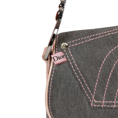 Vintage Christian Dior Saddle Bag Grey Denim and Pink Metallic Leather Silver Hardware