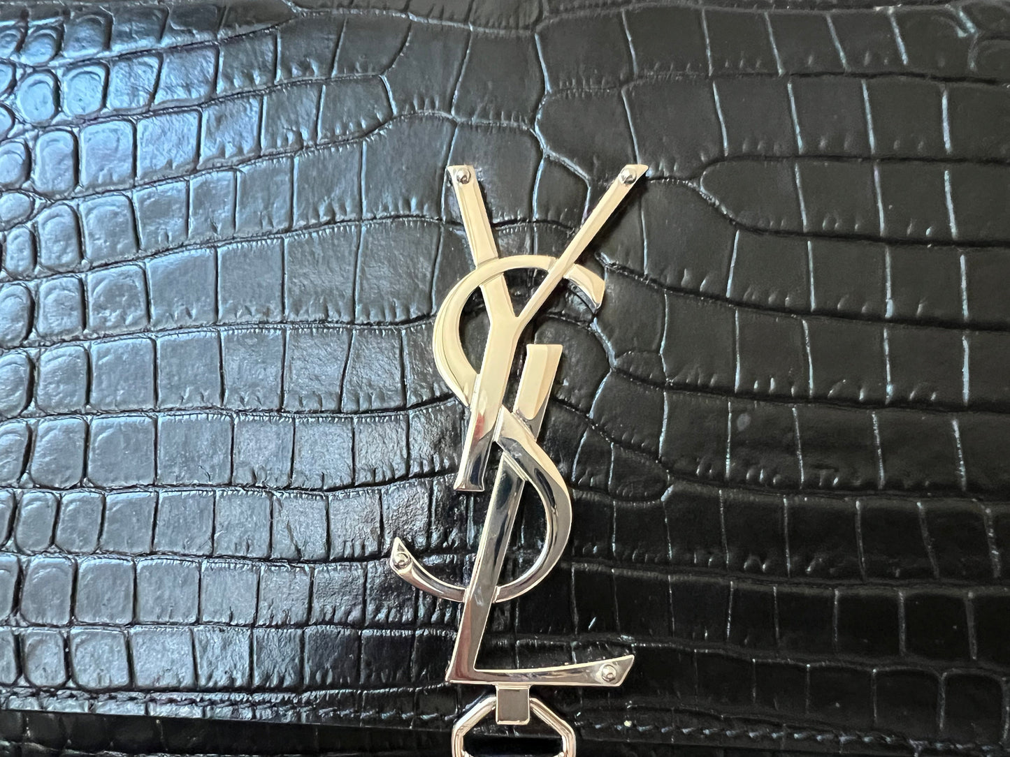 Yves Saint Laurent (YSL) Black Croc Print Kate Clutch