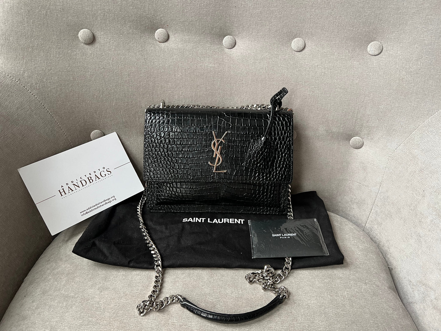 Yves Saint Laurent (YSL) Black Croc Medium Sunset with Silver Hardware