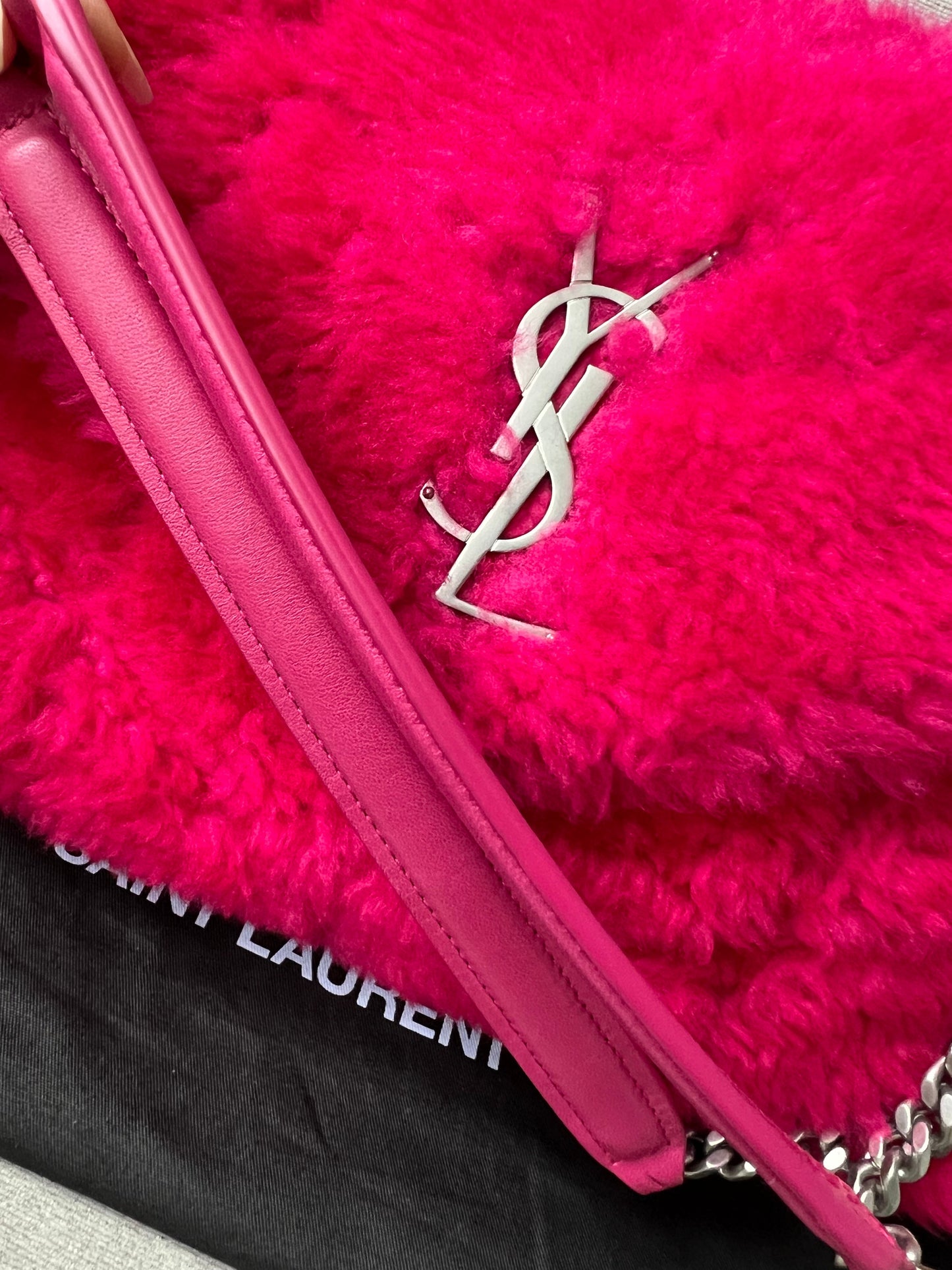 Yves Saint Laurent (YSL) Small Puffer in Pink Shearling with Silver Hardware