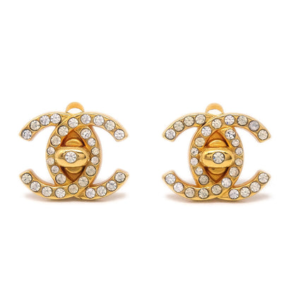 CHANEL 1996 Gold & Crystal CC Turnlock Earrings Small 62835