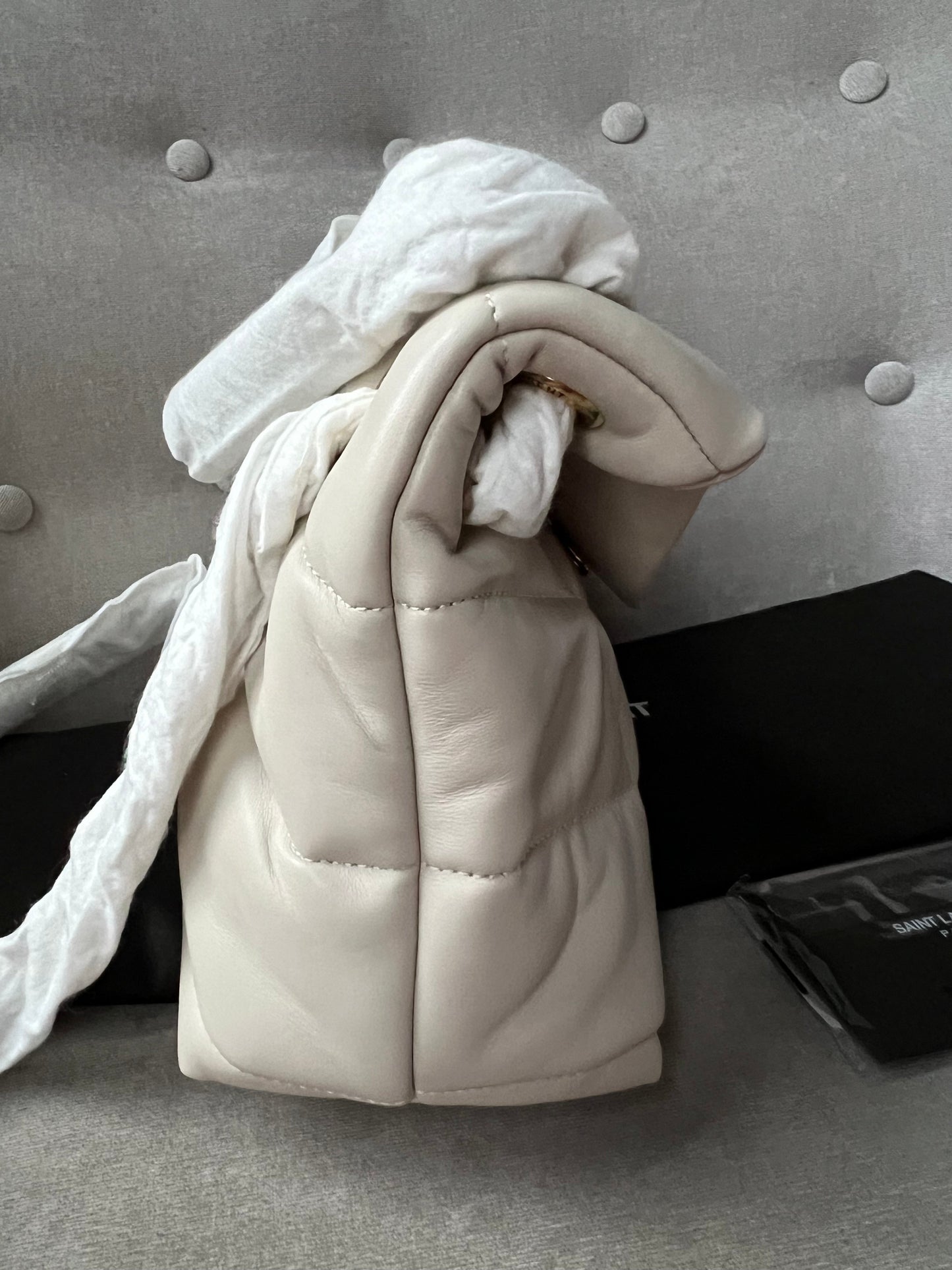 Yves Saint Laurent (YSL) Small Puffer in Blanc Vintage Quilted Lambskin Gold Hardware