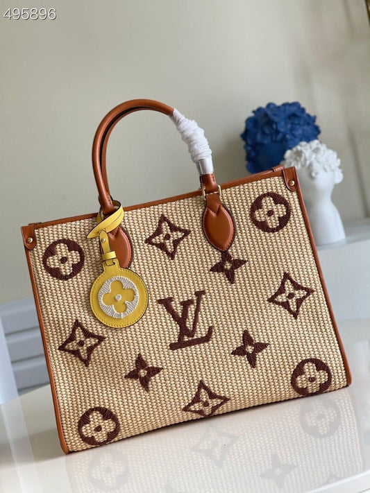 LV OnTheGo MM Tote Bag Monogram Raffia Tan For Women, Women’s Handbags, Shoulder Bags 13.8in/35cm LV M57707