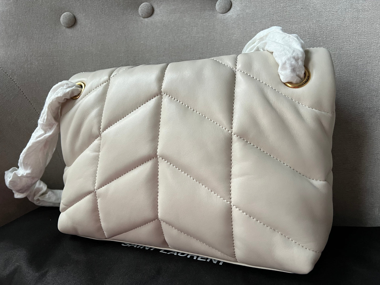 Yves Saint Laurent (YSL) Small Puffer in Blanc Vintage Quilted Lambskin Gold Hardware