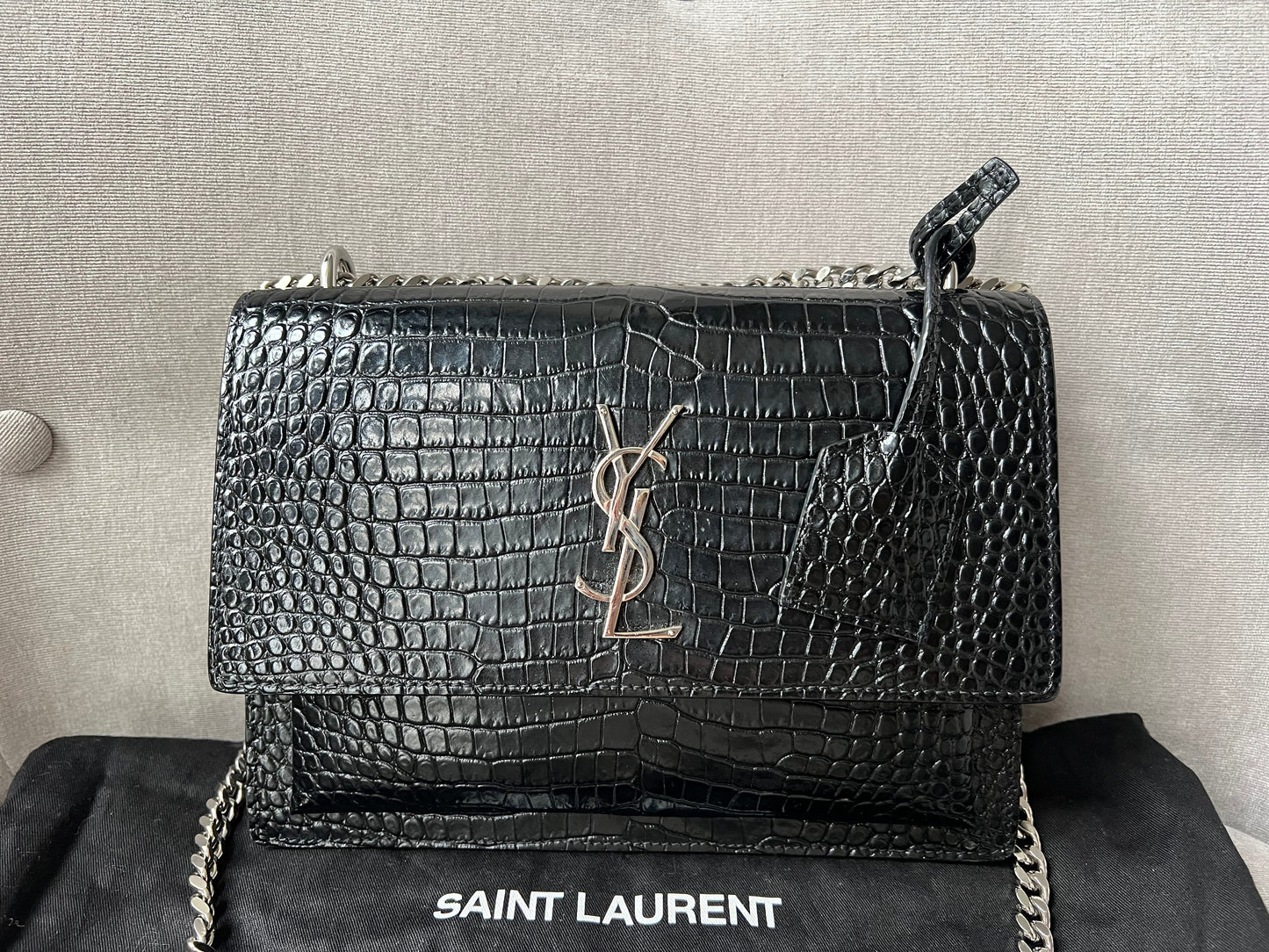 Yves Saint Laurent (YSL) Black Croc Medium Sunset with Silver Hardware