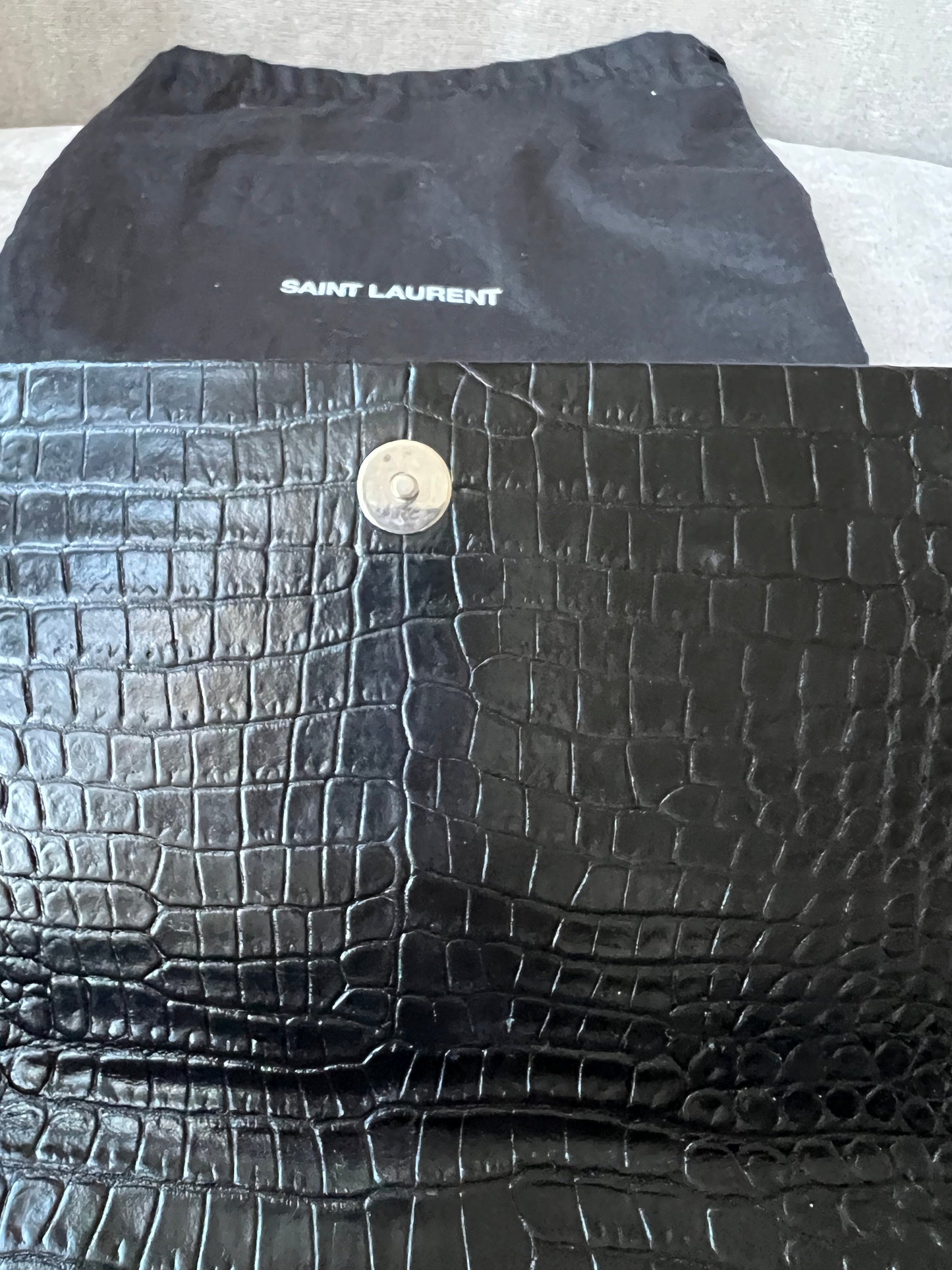 Yves Saint Laurent (YSL) Black Croc Print Kate Clutch