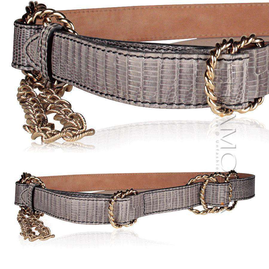 Fendi Women's Belt Gray Teju Lizard Gold Metal w/Chains (FFB1505)