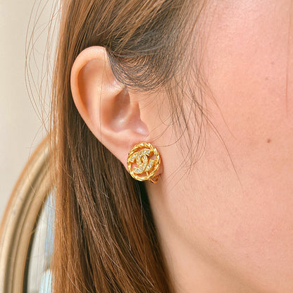 CHANEL Rhinestone Round Cutout Cc Mark Earrings