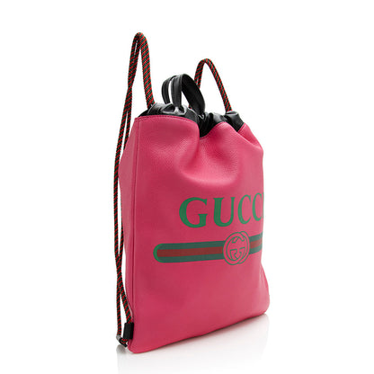 Gucci Leather Logo Drawstring Backpack