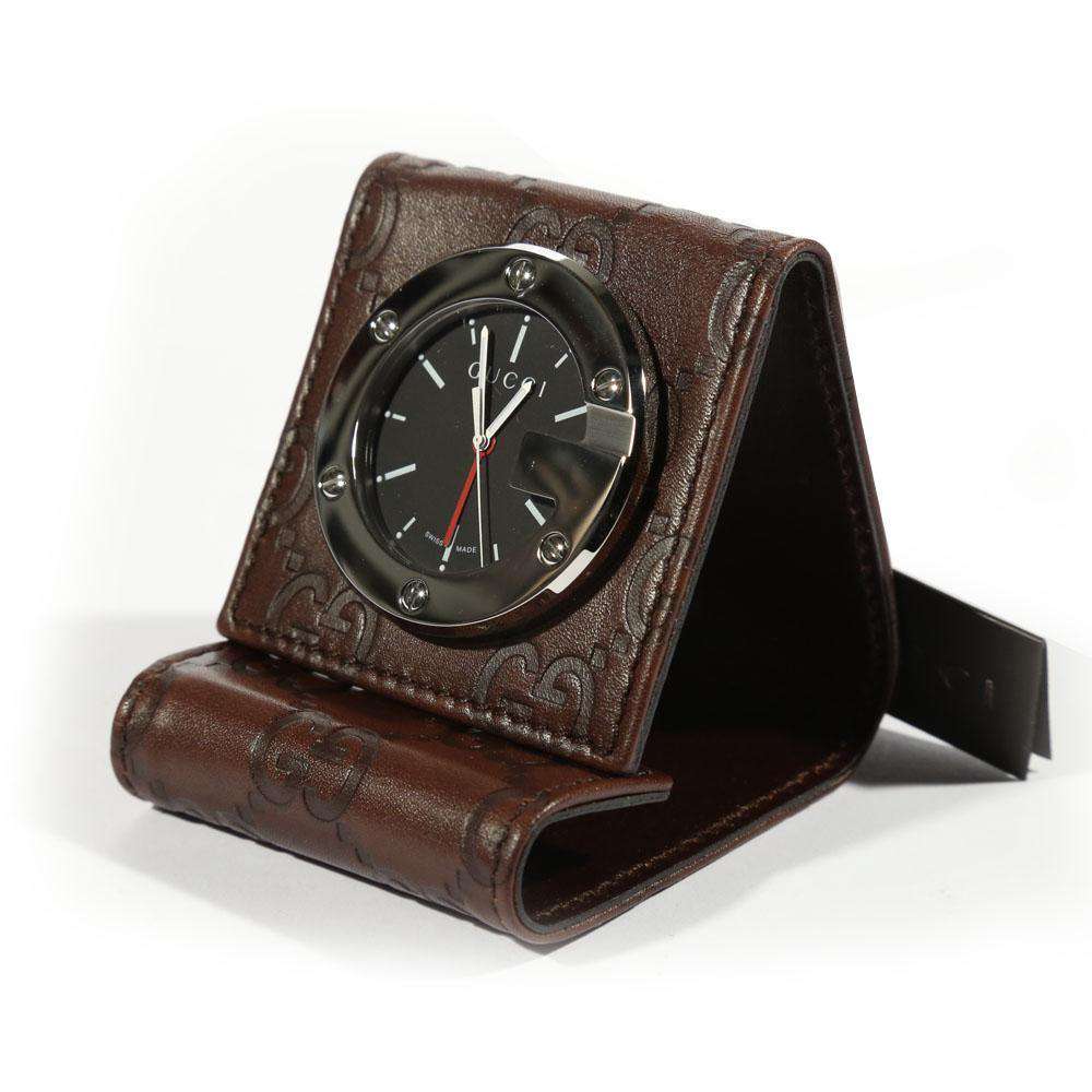 Gucci Limited Edition Brown Stainless Steel / Calf-Skin Leather Travel Desk Alarm Clock/Watch (GGC1)