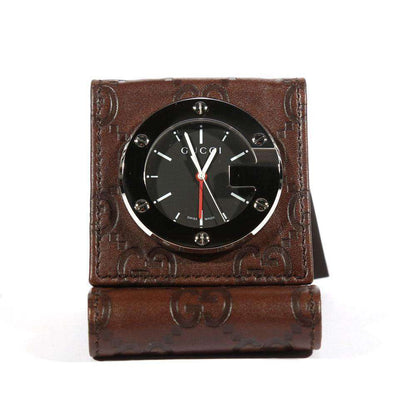 Gucci Limited Edition Brown Stainless Steel / Calf-Skin Leather Travel Desk Alarm Clock/Watch (GGC1)