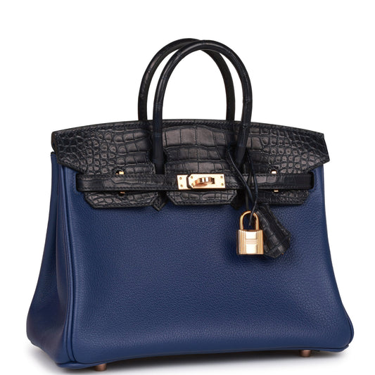 Hermes Birkin 25 Bleu Saphir and Marine Matte Alligator and Togo Touch Rose Gold Hardware