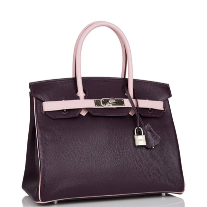 Pre-owned Hermes Special Order (HSS) Birkin 30 Raisin and Rose Sakura Chevre Palladium Hardware