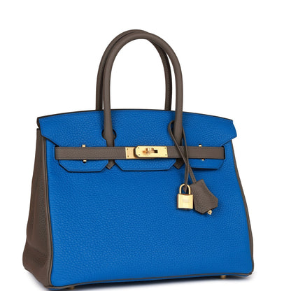 Hermes Special Order (HSS) Birkin 30 Bleu Electrique and Etain Clemence Brushed Gold Hardware