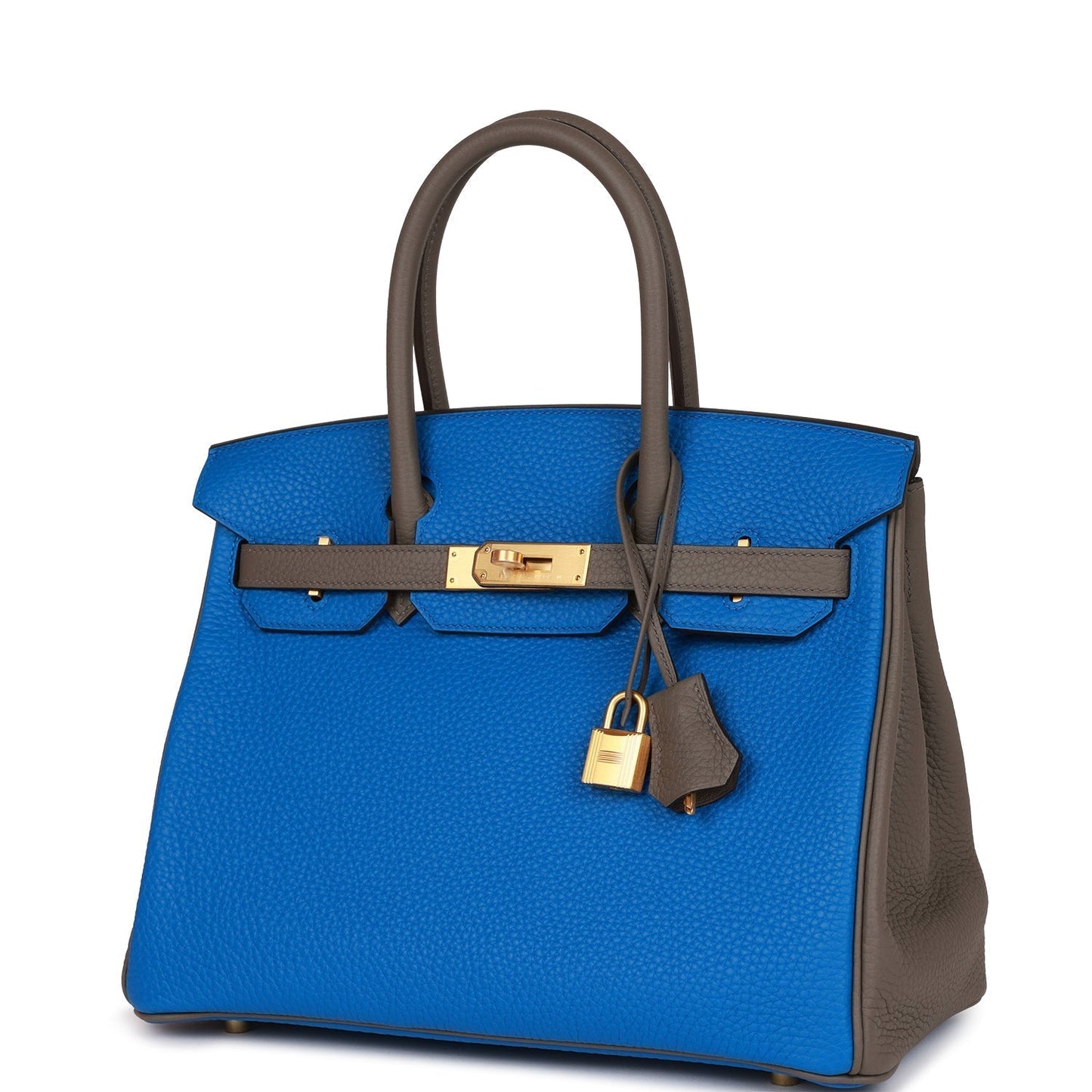 Hermes Special Order (HSS) Birkin 30 Bleu Electrique and Etain Clemence Brushed Gold Hardware