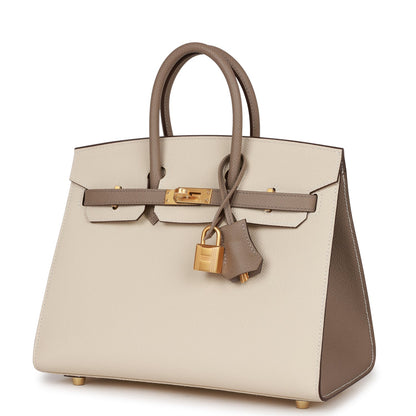 Hermes Special Order (HSS) Birkin Sellier 25 Craie and Gris Asphalte Epsom Brushed Gold Hardware