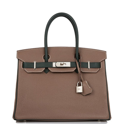 Pre-owned Hermes Special Order (HSS) Birkin 30 Etoupe and Vert Fonce Togo Brushed Palladium Hardware