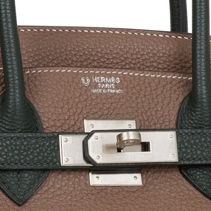 Pre-owned Hermes Special Order (HSS) Birkin 30 Etoupe and Vert Fonce Togo Brushed Palladium Hardware